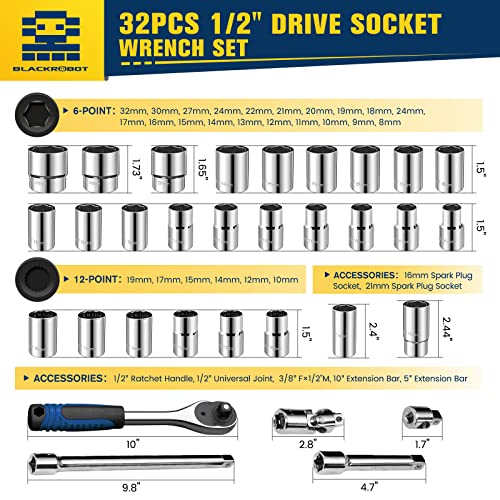 Blackrobot 32-Piece 1/2” Drive Metric Socket Set, 6-Point(8Mm-32Mm) 12-Point(10Mm-19Mm), Socket Ratchet Wrench Mechanic Tool Set, Cr-V Steel #TOP1
