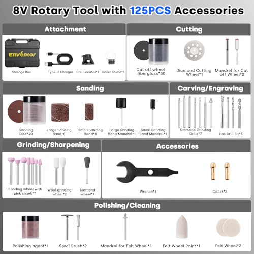 Enventor Cordless Rotary Tool, 8V 2000mAh Rechargeable Rotary Tool Kit, 5 Variable Speed, 5000-30000RPM, 125PCS Accessories for Carving, Sanding, Polishing, Cutting, Drilling and DIY Crafts 7 Enventor Cordless Rotary Tool, 8V 2000mAh Rechargeable Rotary Tool Kit, 5 Variable Speed, 5000-30000RPM, 125PCS Accessories for Carving, Sanding, Polishing, Cutting, Drilling and DIY Crafts - Image 7