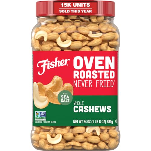 Fisher Oven Roasted Never Fried Whole Cashews 24 Ounces (Pack of 1) Snacks for Adults Made With Sea Salt No Added Oils Artificial Ingredients or Preservatives Gluten Free Vegan Protein Bulk