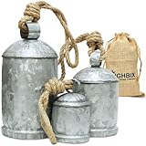 Set of 3 Medium Galvanized Metal Hanging Cow Bells Rustic Farmhouse Vintage-Style Cowbells with Jute Rope for Wall, Porch, Garden, or Holiday Decor