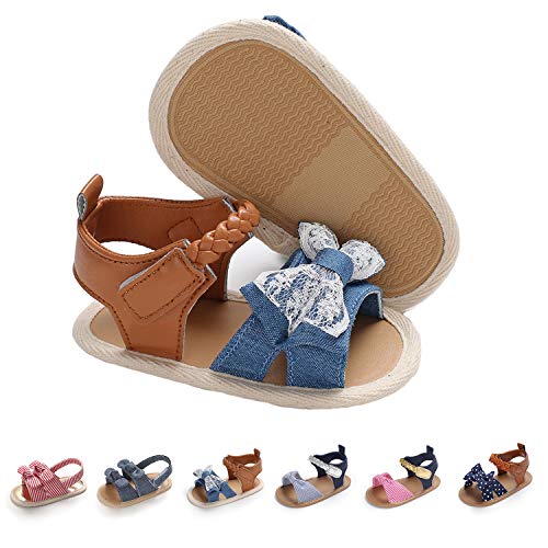 Image of EAU LAYAMEN Baby Girl Sandals Summer Crib Shoes Bowknot Soft Sole Infant Girls Princess Dress Flats First Walker Shoes B-lace Blue, 3-6 month