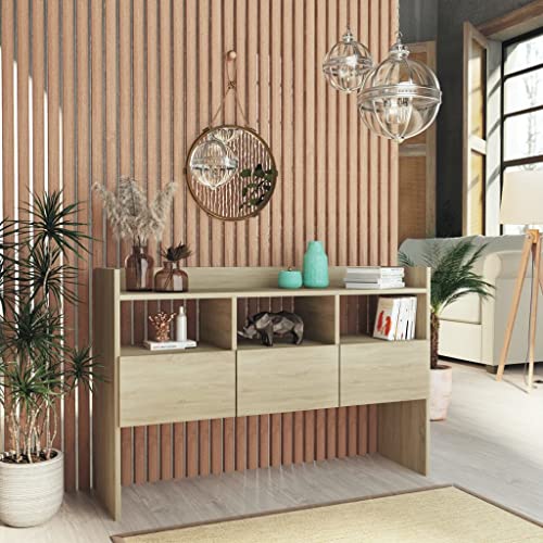JHQHSM Buffet en chêne Sonoma 105 x 30 x 70 cm - En bois avec 3 compartiments ouverts et 3 tiroirs pour espace de rangement - Livres - Appareils multimédias...