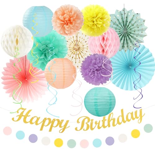 Image of Pastel-Rainbow Classroom Girls Birthday Party-Decorations - 21pcs Happy Banner Decor, Colorful Paper Streamers Lanterns,Tissue Pom Poms Fan,Hanging Honeycomb Garland, Two Sweet Easter Supplies Huglony