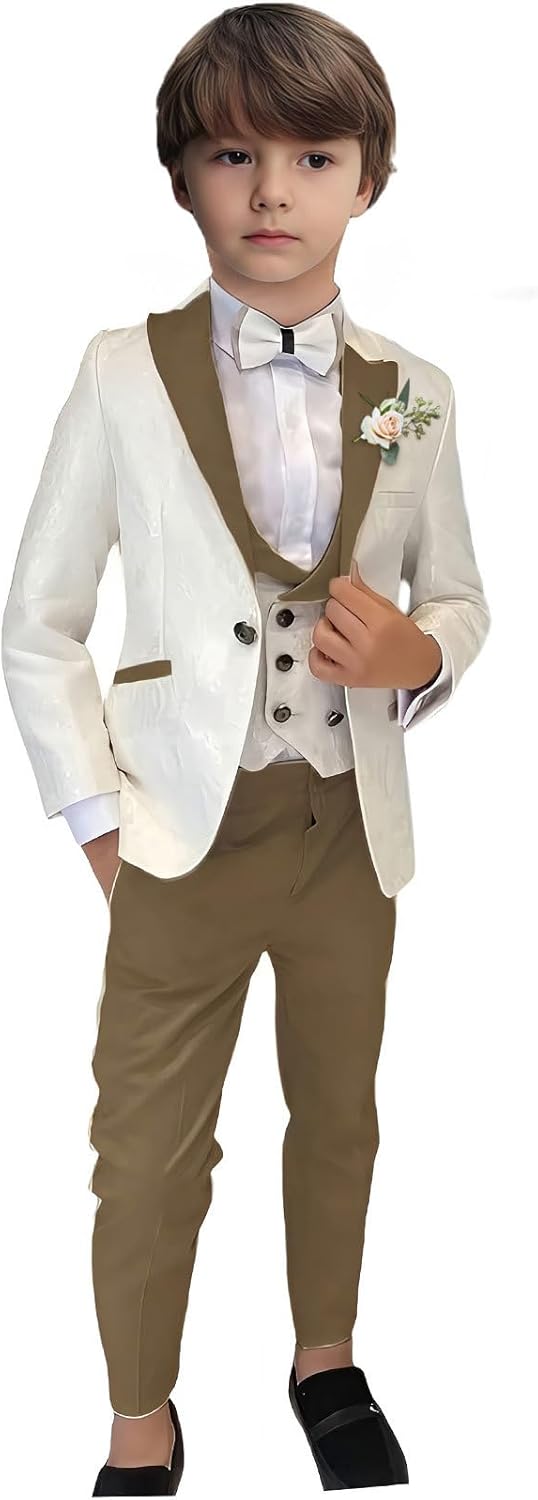 Boys Formal Suit 3 Piece Slim Fit Jacquard Wedding Dinner Blazer Vest Pants Kids Tuxedo Suits
