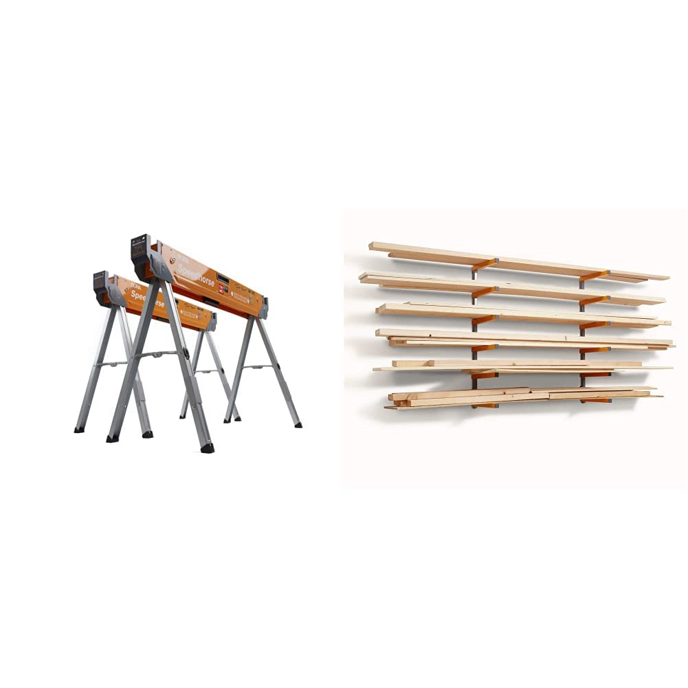 Photo 1 of **ONLY THE SAWHORSES**  Bora Portamate Speedhorse Sawhorse Pair– Two Pack & Bora Wood Organizer and Lumber Storage Metal Rack with 6-Level Wall Mount – Indoor and Outdoor Use, In Orange | PBR-001