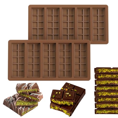Molde Chocolate Juego de 2, Reforzado con Acero, Grado Alimenticio, Antiadherente, Fácil de Desmoldar, 10 Cavidades para Bombones Dubái, Gourmet y Rellenos, Listo para Regalar, Apto para Lavavajillas