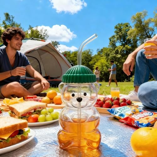 Image of New Plastic Bear Straw Cup 500ML Cute Bear Plastic Tumbler with Reusable Straw - Viral Animal Design for Smoothies, Boba & Iced Coffee (Green)