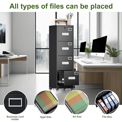 Image of Aobabo 4 Drawer Metal File Cabinet with Lock and Wheels, Black