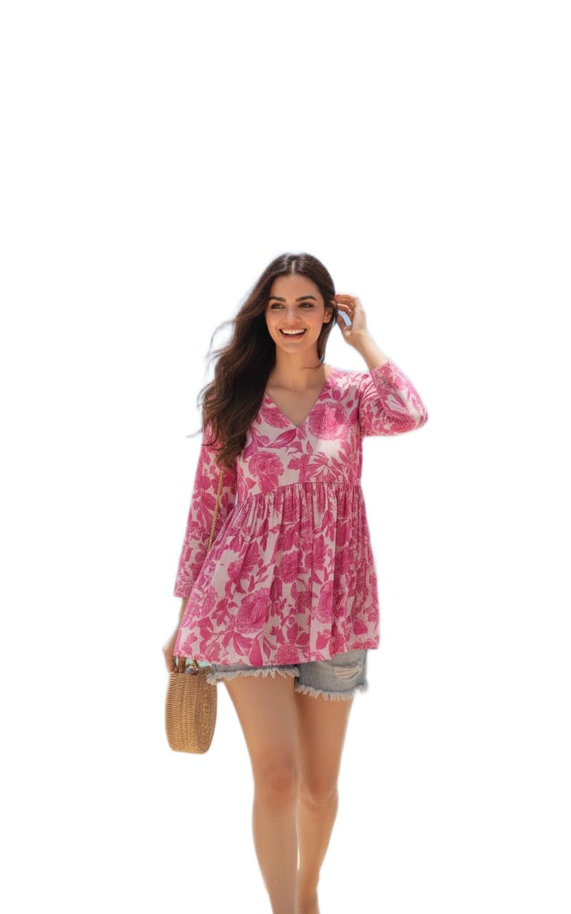 Women's Floral Print Beach Tunic Top, Pink and White Cotton Blend, V-Neck, 3/4 Sleeve, Summer Beachwear Cover Up-picture-33