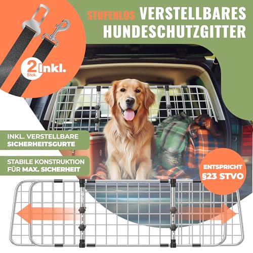 LOVPET® Hundegitter Auto, Autoschutzgitter Trenngitter Universal, verstellbare Breite, Kopfstütze Kofferraum Autogitter Maße 30 x 91-153 cm Kofferraumgitter + 2X Sicherheitsgurt für Hunde, Grau
