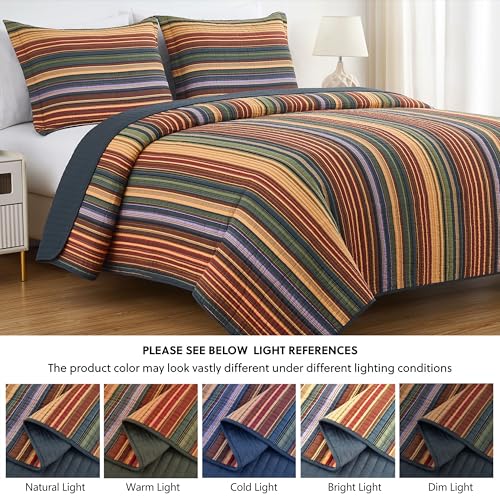 Image of Chezmoi Collection Avery 3-piece Multi-Color Striped 100% Washed Cotton Quilt Set Queen Size