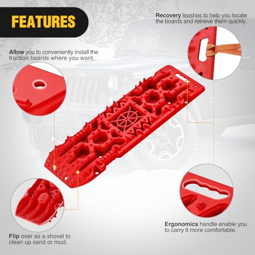 Image of Nilight Recovery Off-road Traction Boards with Jack Lift Base Emergency Tire Ladder Mats For 4WD 4X4 Mud Sand Snow with 2PCS Mounting kit Carry Bag 2 leashes (Red)