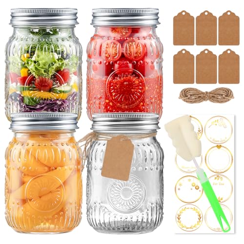 16oz Mason Jars 4-Pack with Rust-Proof 304 Stainless Steel Lids and Bands