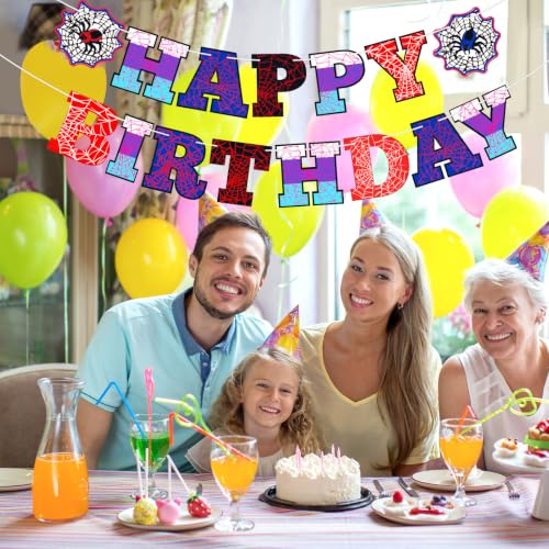 Image of Oudain Spider Theme Birthday Banner Pre-strung Web Flags,Red Purple Blue | Cartoon Backdrop Design, Happy Birthday Bunting for Party Supplies, Easy Hanging Decor for Themed Celebration