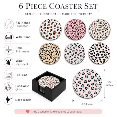 Image of Zesta Coasters for Cups Set of 6 / Wooden Coasters for Bar Accessories for Home /Tea Coaster Set of 6 / Waterproof Dining Table Decor Glass Cover (Jungle Theme, Circle)