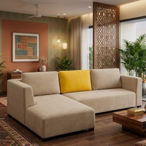 Image of FURNY Olympus 4 Seater LHS L Shape Sofa Set | Plush Velvet Suede Fabric | Modern Design | Soft Comfort Dual Color Cushions for Living Room, Office & Hotels (Beige-Yellow)