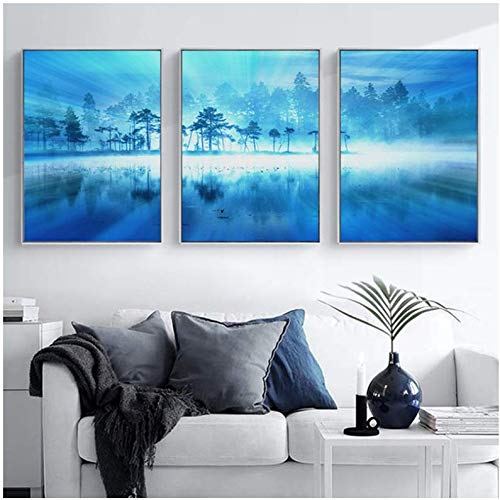 Toile forêt bleue paysage pour transformer un mur vide en décor de salon apaisant