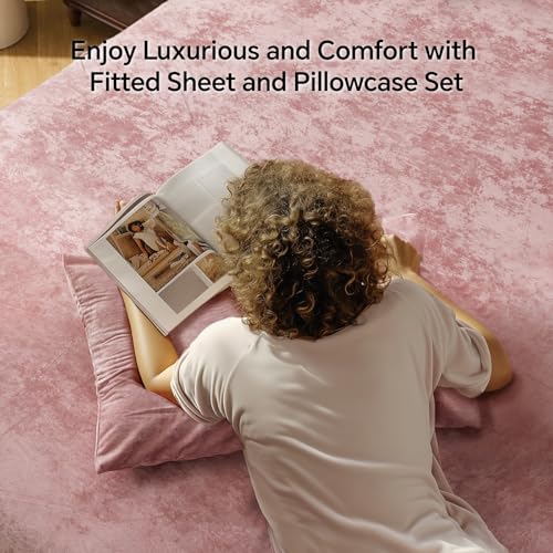 BEDELITE Velvet Fitted Sheet and Pillowcase Set, Luxury Soft Fuzzy Bottom Sheet with Reinforced Elastic Corner Straps, Deep Pocket up to 15 Inch, 1 Fitted Sheet and 1 Pillowcase (Twin, Dusty Pink)