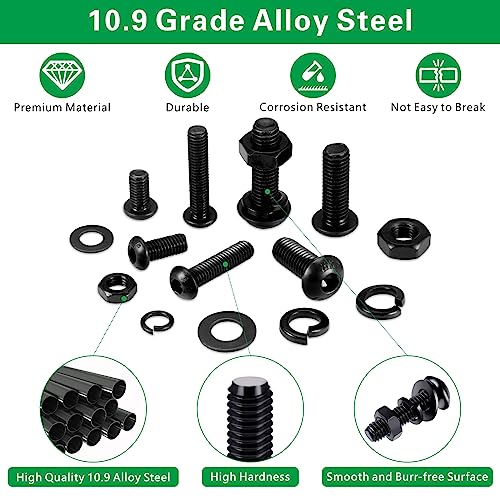 447PCS Metric Nuts and Bolts Assortment Kit - M6 M8 Screws Assortment, Assorted Machine Screws Nuts Washers with Hex Wrenches, Grade 10.9 Alloy Steel Black Oxide Button Head Hex Socket Cap Screw Set