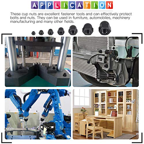 Glarks 100Pcs 7 Sizes Black Nylon Dome Acorn Bolt Cup Nuts Set, M3, M4, M5, M6, M8, M10, M12 Hex Protector Cap Assortment Kit For Protecting Hexagon Shaped Threads Rods Studs And Bolts #TOP6