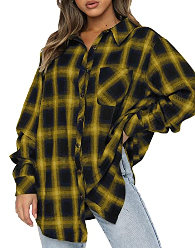 Image of CHYRII Womens Button Down Flannel Shirts Long Sleeve Plaid Shackets Business Casual Blouse Top