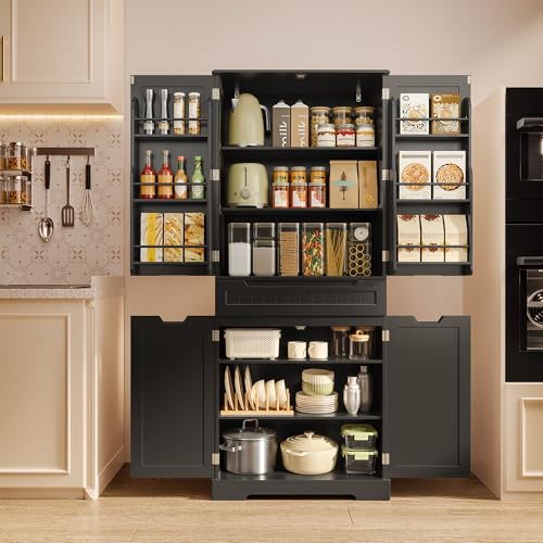 Gizoon 64" Tall Kitchen Pantry Cabinet with Doors and Shelves Large Stand Up Pantry Storage Cabinet with Drawer Large Food Cupboard for Kitchen Bathroom Craft Room, Black