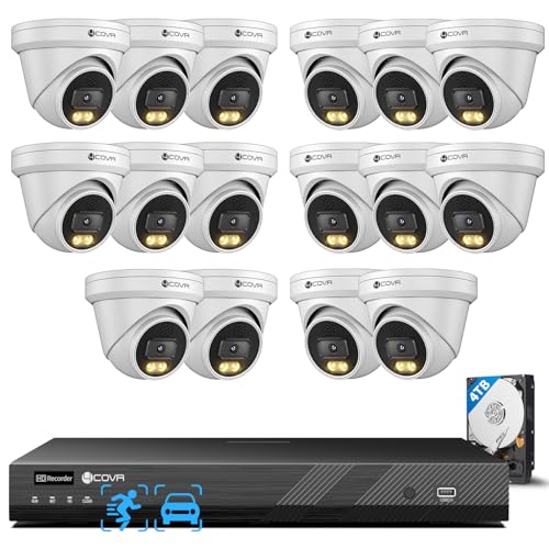 4COVR 16 Channel NVR 4TB HDD Camera Security System 2-Way Talk & Dual Lights Smart Full Color Night Vision, AI Human Vehicle Detection, 16x 5MP IP67 PoE IP Dome Camera for Business, LY97KA5M