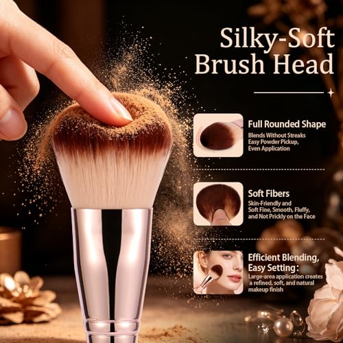 Image of Face Makeup Brush, Large Powder Brush for Blush, Bronzer, Setting Powder and Powder Foundation, Soft Fluffy Dense Bristles, Rounded Makeup Brush with Pink Handle