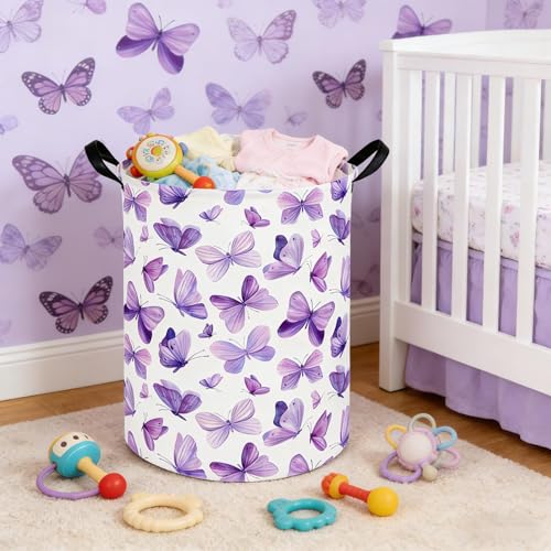 Image of Butterfly hamper,Purple Laundry Basket,Baby Nursery Hamper,Waterproof foldable girls toy storage box,Dirty Clothes Hampers,Flower house decor(Purple Butterflies)