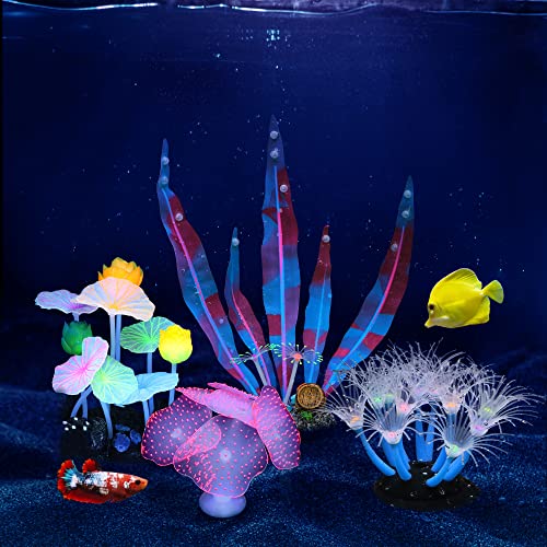 Image of Lpraer 4 Pack Glow Aquarium Decorations Kelp Lotus Anemone Sun Flower Simulation Glow Plant Glowing Effect Silicone for Fish Tank Decorations
