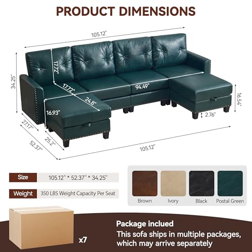 Image of 105 inch Faux Leather Modular Sectional 4 Seater Couch with 2 Storage Ottomans, Vintage PU Leather U Shaped Sofa with Nailhead Trim, Mid Century Modern Tufted Couches for Living Room, Office, Forest Green