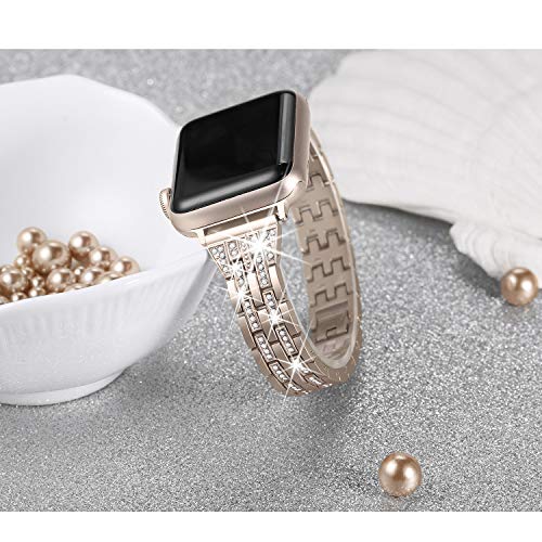 Secbolt Bling Bands Compatible With Apple Watch Band 38Mm 40Mm 41Mm Women Iwatch Se Series 8 7 6 5 4 3 2 1, Dressy Jewelry Metal Wristband Strap Diamond Rhinestone, Champagne Gold #TOP1