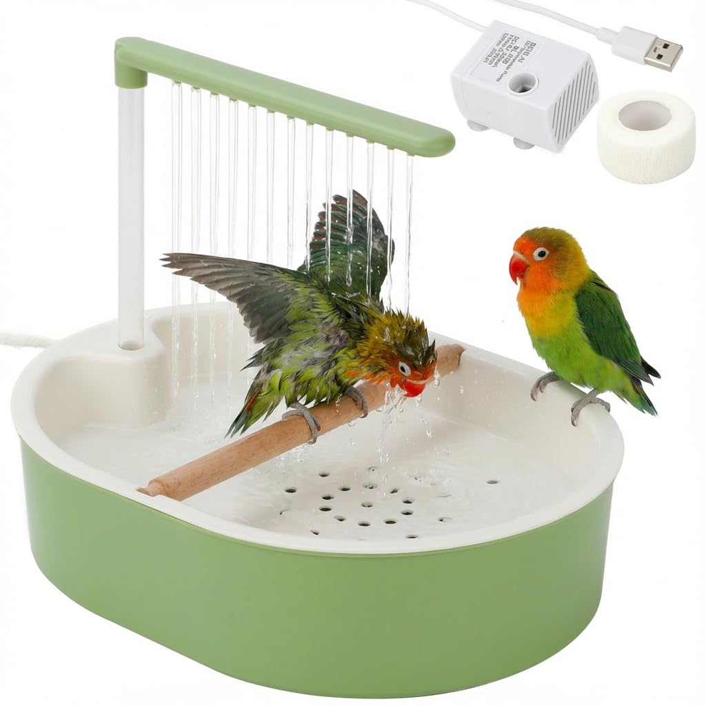 Parrot Shower for Cage, Automatic Parakeet Bird Bath with Circulating Water, USB Charging Quiet Pump Detachable Bathtub, for Small & Medium Birds Budgie, Cockatiel, Lovebird, Conure, Parrotlet, Quaker