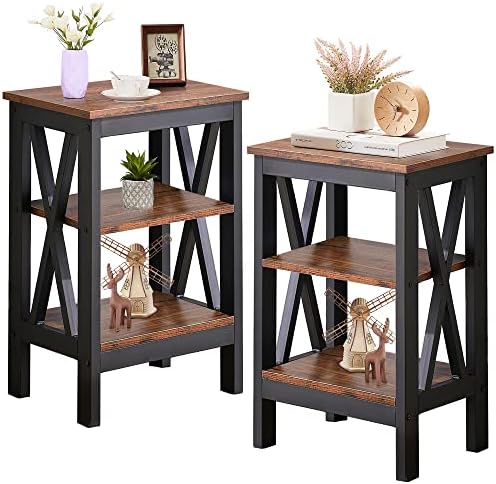 VECELO Modern Side Nightstand with 3-Layer Storage Shelf for Small Spaces, Living Room, Bedroom, Farmhouse Easy Assembly, 2 Sets End Tables, Brown（2 Sets）