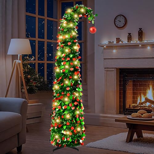 Pop Up Weihnachtsbaum Faltbar Geschmückt 150CM/5FT Ausziehbarer Bleistift Weihnachtsbaum Klappbar mit 50 LED-Lichtern Weihnachtsdeko mit Ständer und Wiederverwendbar (Dunkelgrün)