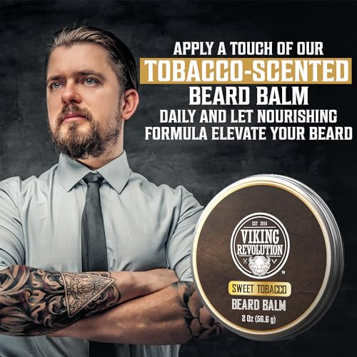 Image of Viking Revolution Beard Balm - Sweet Tobacco - 2 oz | Rich Tobacco Scented Beard Butter - Contains Argan Oil & Jojoba Oil - Deeply Hydrates, Softens & Restores Coarse Strands