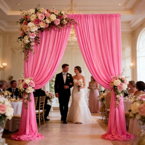 Image of 10ft x 10ft Deep Pink Backdrop Curtains for Parties, Polyester Fabric Backdrop Drapes with Rod Pockets for Weddings, Birthday, Halloween, Photography, Christmas Party Background Curtain, 2 Panels