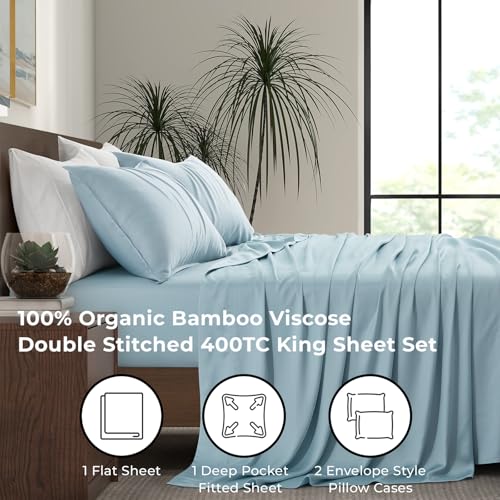 Image of Luxury Bamboo Market | King Size Bed Sheet Set | 100% Viscose Made from Bamboo | Organically Grown | Ultra Soft | Cooling Sheets for Hot Sleepers | 17 inch Deep Pocket [Spa Blue]
