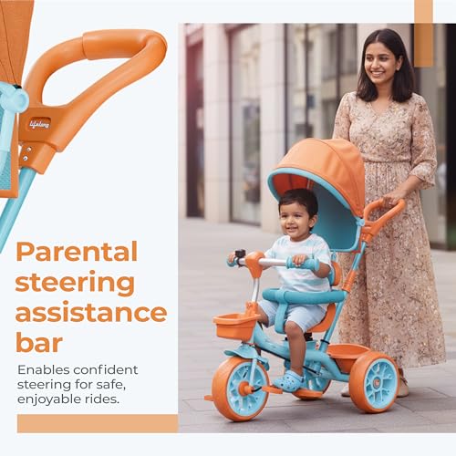 Image of Lifelong Kids Parental Control Tricycle with Canopy,Harness,EVA Wheels, Bell & Storage Basket|Baby Trike|Age Group 1 Years to 4 Years Carrying Capacity Upto 25 kg (Green /Tan)