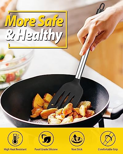 Image of Pack of 2 Silicone Solid Turner,Non Stick Slotted Kitchen Spatulas,High Heat Resistant BPA Free Cooking Utensils,Ideal Cookware for Fish,Eggs,Pancakes(Black+White)