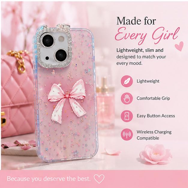 Image of mobistyle Designed for iPhone 13,Cute Sparkling Bow Pattern Camera Protection Back Cover Case for Women Girls | iPhone 13,Pink |