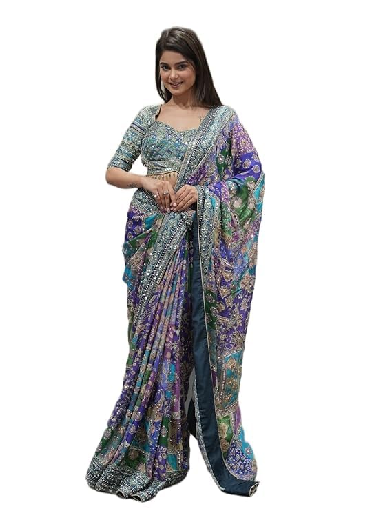 yagnapurush Designer Chinon Silk Printed Mirror Work Saree with Unstitched Blouse Piece for Women Festive TraditionalWear Party Ethnic Saree (Violet Emerald Green)-picture-54