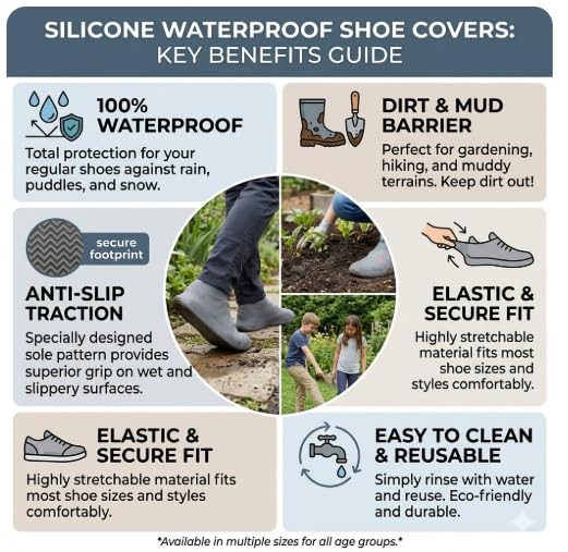 Image of Shoe Cover for Rain Waterproof, Silicone Shoe Covers Waterproof Reusable, Non Slip Rain Shoe Covers for Men Women Kids, Waterproof Shoe Covers for Rain (Grey, Large)