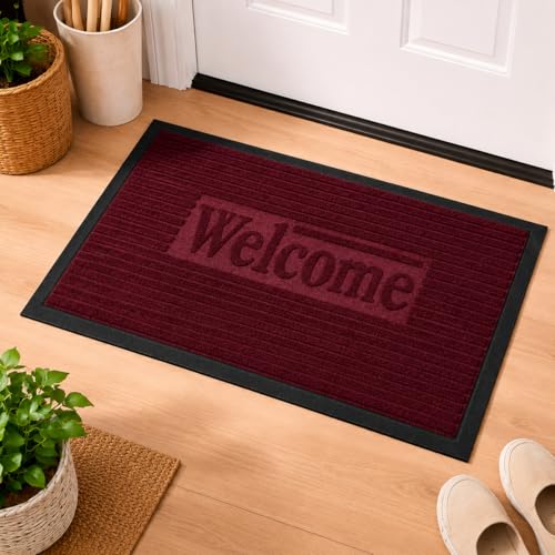 Image of DecorTwist PVC Door Mat 60x40 cm | Heavy Duty Indoor Outdoor Entrance Mat | Anti-Slip Rubber Back | Waterproof Dust & Dirt (Style 4 [ Maroon ], Half Round PVC Door Mat 80x40 cm, Pack of 1)
