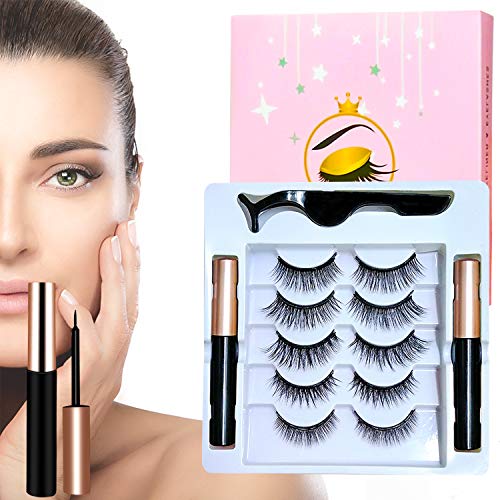 Magnetic Eyelashes and Magnetic Eyeliner kit, 5 Pairs of Reusable 3D 5D Lashes, Eyelashes with Natural Look, Upgraded Waterproof Magnetic Eyeliner, Easy to Use-No Glue Needed