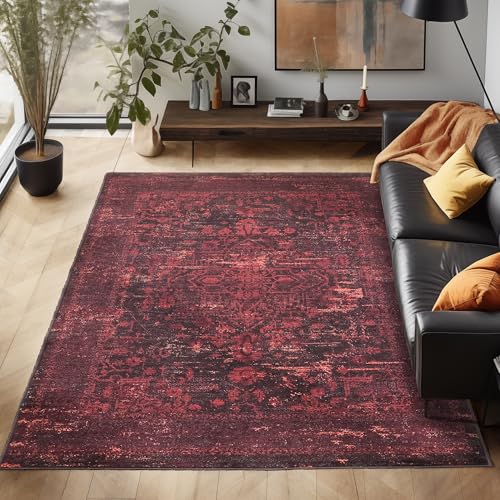 Waschbarer Teppich Flachgewebe Robust Orientalisch Design Vintage Optik rutschfest Teppich Wohnzimmer, Farbe: Rot, Größe: 200 x 290 cm