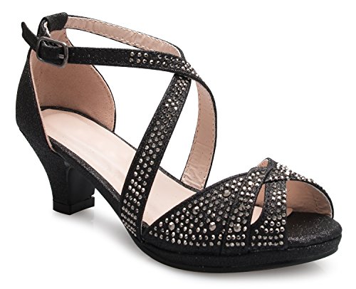 Olivia K Girl's Cute Adorable Strappy Glitter Open Toe Heel Sandals - Adjustable Buckle, BLACK 9