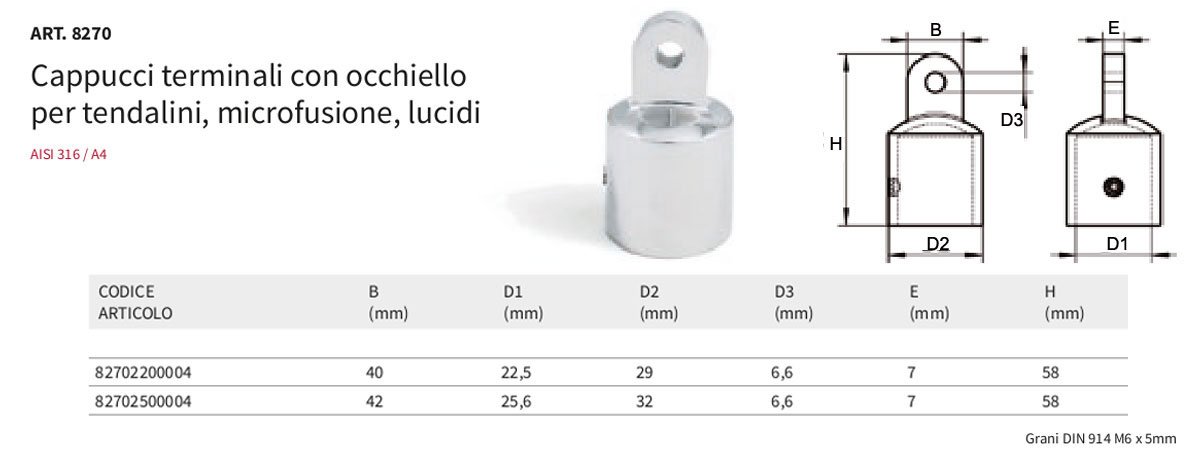 Terminale Per Tubo Bimini In Acciaio Inox 316 A4 - Set Da 2, Diametro 22 Mm, Passaggio Filo 6,8 Mm, Per Coperture E Tendalini Nautici - 2