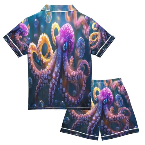 ALAZA Octopus Bubble Ocean Sea Satin Pajamas Set Short Sleeve Button Down Sleepwear Summer Pjs 2 Piece2