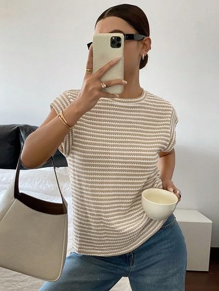 Image of Jawdrobe Women's Striped Western Top Round Neck Cap Sleeve T-Shirt for Women